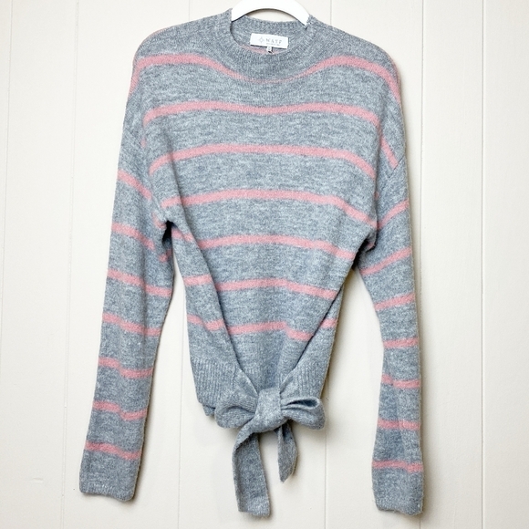 WAYF Tie Waist Sweater new NWOT pink gray stripe small crew high neck wool bow - Picture 2 of 8